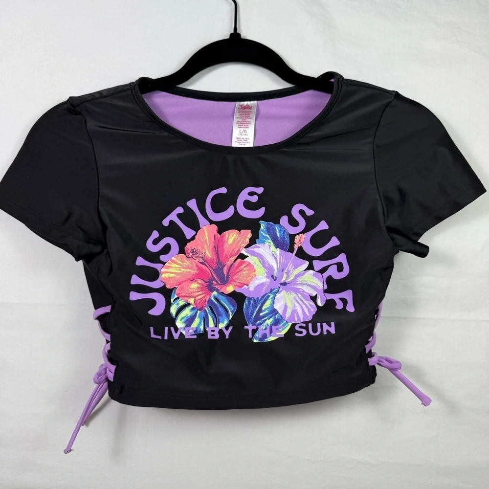 Justice Black and Pink Crop Swim Shirt Girls Size L